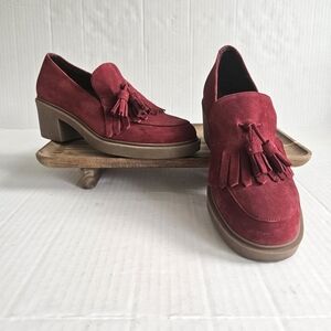 Aerosoles Gibes Fringe Tassel Loafer Size 9.5 Burgundy Suede Slip On Block Heel
